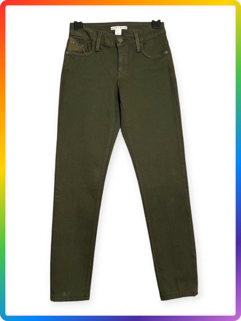 Alice Olivia Skinny Jeans Womens 26 Green Stretch Denim Lamb Leather Pockets USA